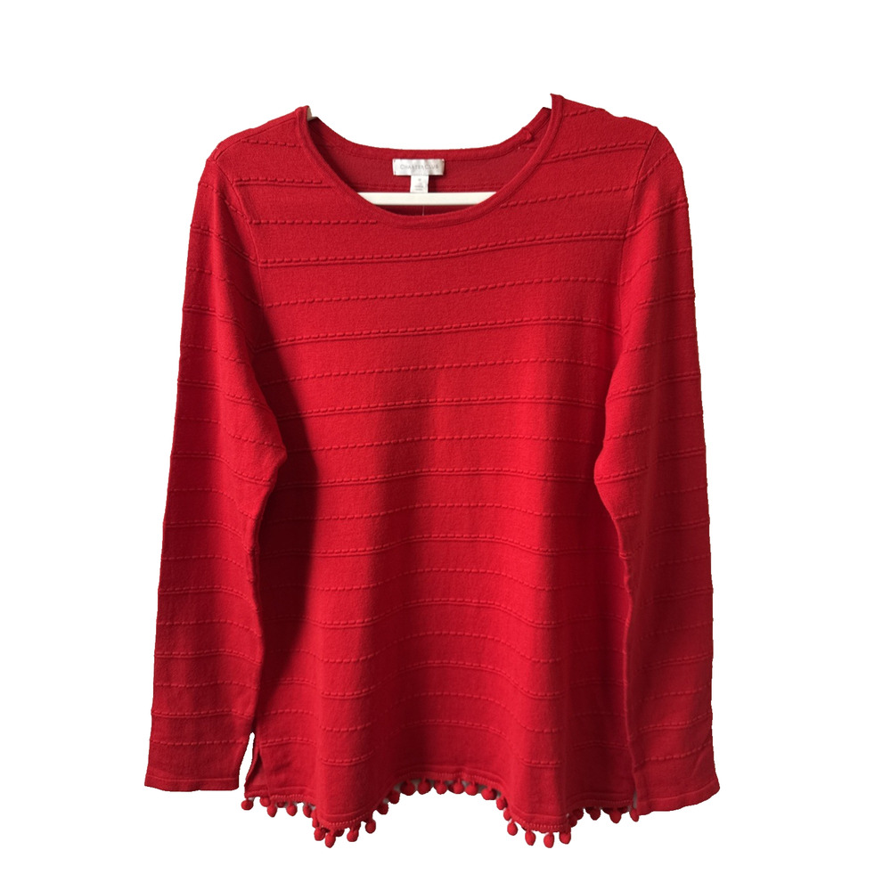 Charter Club NWT Women’s‎ M Chic Ravishing Red Pom Pom Trim Knit Sweater Tunic